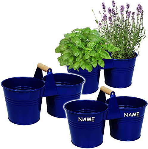 alles-meine.de GmbH Design - doppelter 2er - Blumentopf/Pflanzkübel/Pflanzschale - Metall - mit Holzgriff/Henkel - royal blau - RUND - inkl. Name - 34 cm - frostsicher - MI..