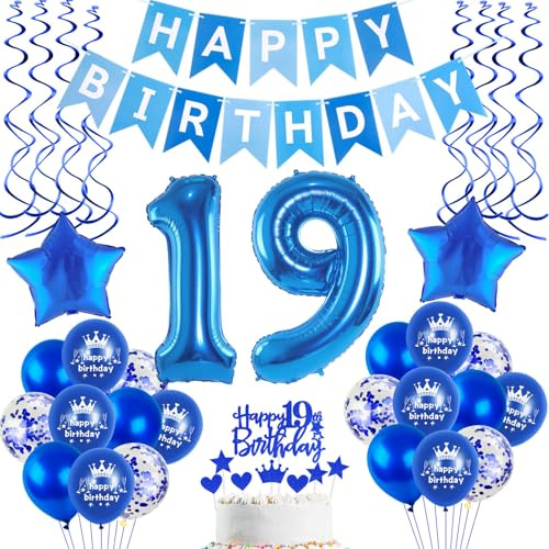 Luftballons 19 Geburtstag Deko Junge Blau, deko 19. geburtstag Junge,Folien ballons 19 . geburtstag banner Happy Birthday 19 deko blau Geburtstagdeko 19 Jahre Dekoration