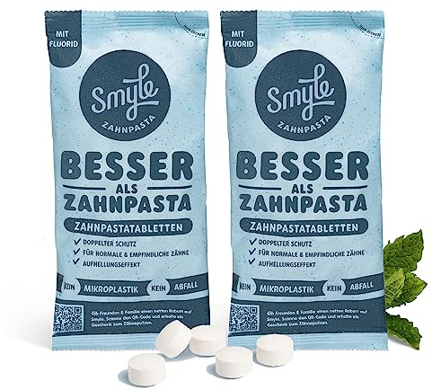 Comprimés de dentifrice Smyle - Véganes, avec fluor, sans plastique, dentifrice solide biodégradable, Double pack (2 x 125 pièces).
