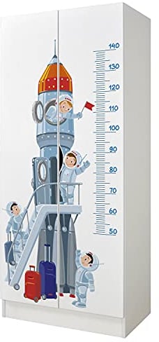 Leomark Weiß zweitüriger Kleiderschrank für Kinder - Roma - funktionaler Schwebetürenschrank, Dim: 70 x 42,5 x 161,5 (H) cm, Kommode, Schrank, Möbel für Kinder, UV-Druck: Weltraumrakete