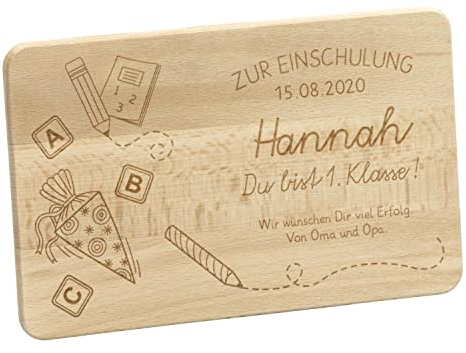 LAUBLUST Frühstücksbrettchen mit Gravur - Personalisiert mit DATUM | NAME | WIDMUNG - Buche Naturbelassen ca. 24 x 15 x 1 cm, FSC® - Schultüte Motiv - Schneidebrett zum Schulanfang