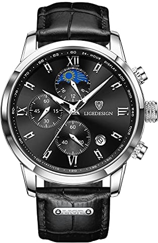 LIGE Herrenuhr | Retro Lederarmband Uhr Herren 3ATM wasserdichte Men Watch Vintage Armbanduhr Analog Leuchtend Mondphasen Design Armbanduhren Chronograph Herrenuhren mit Datum,Silber Schwarz