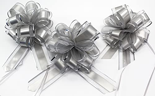 CaPiSo 18cm Große Ziehschleife Large Pull Bow Zugband Polyband Dekoschleife Geschenkschleife für Geschenke für Tüten Zuckertüten Basteln Dekorieren Verzieren (Silber, 3 Stück)
