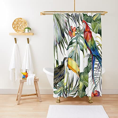 Tropischer Dschungel-Duschvorhang, Blätter, Papagei, Tukan, Grün, Sommer, Palme, Blumen, Vögel, für Badezimmer-Duschen, Badewannen, Duschkabinen, Schlafsaal, Haken im Lieferumfang enthalten.