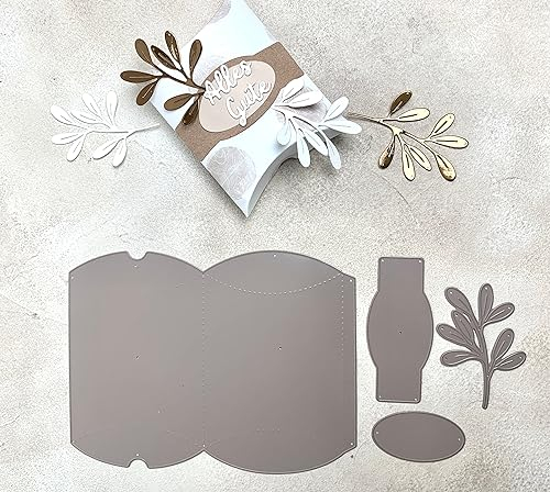 Stanzschablone Cutting dies Pillowbox Weihnachten Box Geschenkschachtel NUR für A4 Maschine, mit Label und Zweig, 3x12cm Box fertig, 4-tlg.