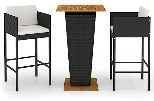 vidaXL Gartenbar Set 3-TLG. mit Kissen Theke Bar Tresen Gartentheke Bartisch Stehtisch Barhocker Barstuhl Gartenmöbel Poly Rattan Schwarz