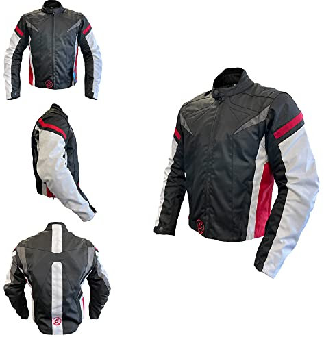 EGLEMTEK Giacca Moto Con Protezioni CE Removibili Giubbotto In Tessuto Cordura Con Manica Staccabile Gilet Termico Removibile Tasche Con Chiusura A Zip 4 Stagioni (Nero e Rosso, XXL)