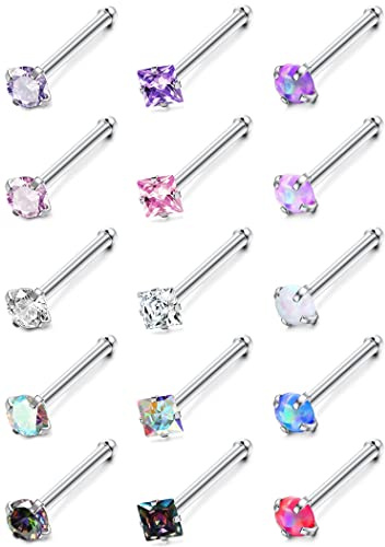 Milacolato 18G Piercing Nez Clou Acier Inoxydable Piercing Nez en l Forme | Anneau De Nez à Vis Anneau De Nez Droit Hypoallergénique CZ Labret Piercing De Nez Bijoux Pour Femme Homme 15Pcs
