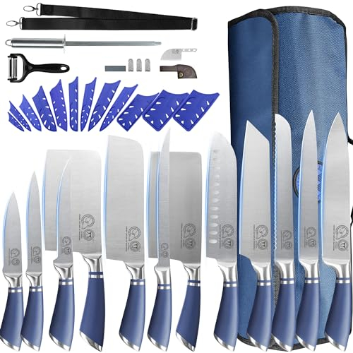 XYJ Professional Knife Set per Maestri Chef, 12-pcs Chef Knife Set con Blue Bag, Fodera, Coltelli Cucina Macellaio, Taglio di Cucina, Santoku, Acciaio Inox