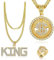 LongZYU 3 Stück Dollar & King Kette Dollarzeichen Ring Hip Hop Kostüm Set Rockstar Rapper Halskette Set Dollar Anhänger Schmuck Gangster 80er 90er Outfit Herren Kostüm Goldring für Fasching Karneval