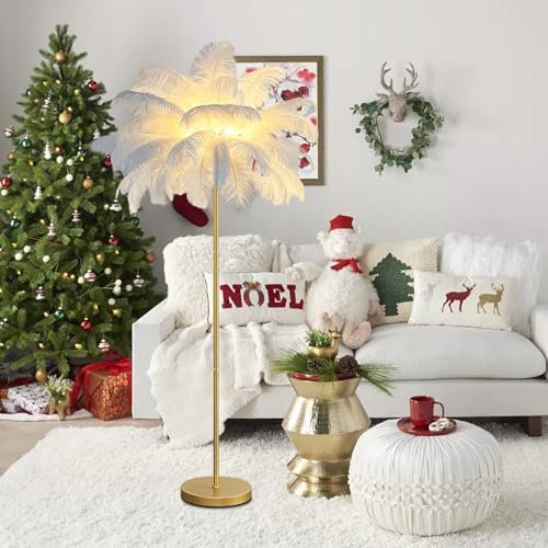 KOSHSH Stehlampe Federn Gold Modern - LED Federlampe 160cm Mit 3-Farbig Dimmbarem Stehleuchte für Wohnzimmer, Esszimmer, Sofa, Ecke (White)