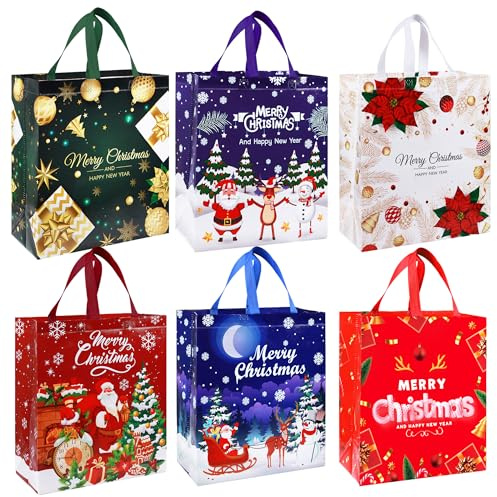 Large Christmas Tote Bags with Handle, 6 Pack Reusable Xmas Grocery Carrier Gift Bags,Waterproof Shopping for Christmas Presents Party Holiday Decoration Lovely Design