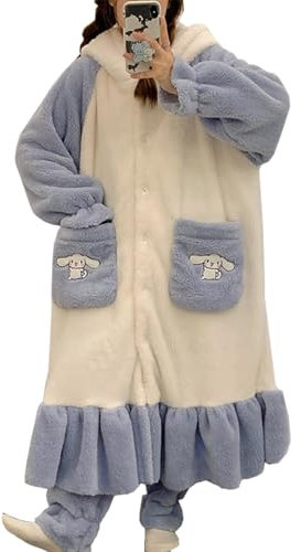 WANHONGYUE Cinnamoroll Pigiama Donna Invernale Vestaglia Lunga in Pile e Pantaloni Due Pezzi Set di Pigiama Caldo Accappatoio in Flanella con Cappuccio Abbigliamento per La Casa Spa Hotel Blu XXL