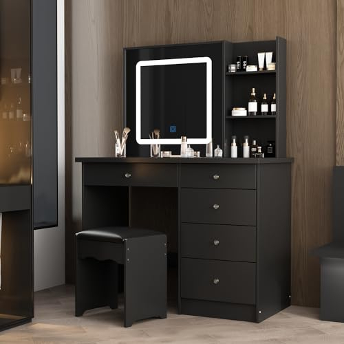 Große Schminktisch mit LED Beleuchtung, Frisiertisch mit großem Spiegel, Schminktische mit Hocker, Frisiertisch, Kosmetiktisch mit 5 Schubladen und offene Regale, Schwarz, MDF, 50T x 100B x 135H cm