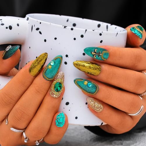 Sethexy Blue Long Almond Handmade False Nails Luxury Glitter Press On Nails with Design Acrylic Glossy Fake Nails for Women and Girls 10PCS (Blue1)