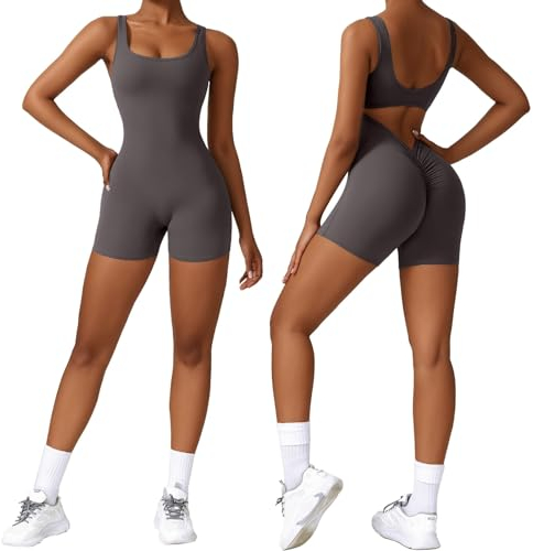 Vertvie Jumpsuit Damen Scrunch Butt Kurz Eng Overall Sommer V Back Jumpsuit Gym Padded Yoga Bodysuit Rückenfrei Einteiler Ärmellose Sport Romper(Tank Grau,S)