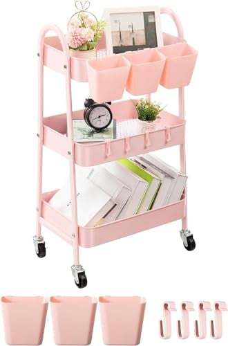 danpinera Carrello a 3 livelli, in metallo, con ruote bloccabili, tazze e ganci appesi, carrello mobile per cucina, bagno, ufficio, officina, rosa