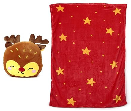 Puckator Weihnachtskissen aus Plüsch 2 in 1 mit weicher Decke Blankeazzz – Rentier Rudolph – Weihnachtsfreunde