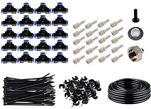 LKYJD 18 m lange Vernebelungsleitung mit 20 Nebeldüsen, Kabelbindern und 3/4-Zoll-Messingadapter, Vernebelungskühlsystem for den Außenbereich for Terrasse, Garten, Rasen, Gewächshaus, Sonnenschirme