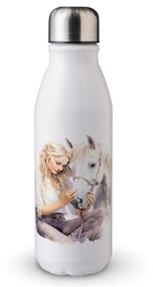MAXIKIWI Gourde à paroi unique avec bouchon à vis, aluminium léger non isolé, sans BPA, anti-fuite, aquarelle blanche avec fille caressant un cheval, 500 ml