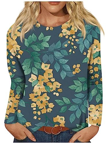 Damen Tshirt Lässig Musselin BluseUrlaub Must Have Elegant Rundhals Langarmshirt 2024 Mode Shirt Locker Casual Oberteile Pullover Vintage Sweatshirt Sport Tshirt (3-Yellow,5XL)