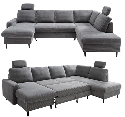 Cord Wohnlandschaft U-Form 305 cm breit, Sofa mit Schlaffunktion und Bettkasten, Wellenunterfederung, Liegefläche ausziehbar 116x251 cm, 2 Kopfstützen, Bezug in Grau Anthrazit / 17206