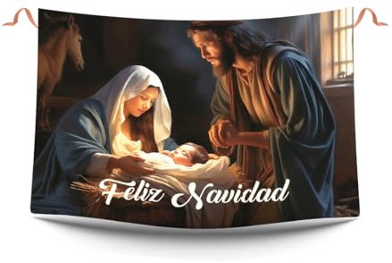 Balconeras Navidad nacimiento niño Jesús. Decoración navideña y colgaduras religiosas portal de Belén. Respotero navideño de tela para decorar balcones 100 x 70 cm.