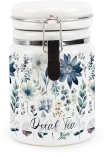Purely Home Blue Pastel Flowers Decaf Tea Canister - Pretty Watercolour Floral Gifts - Ceramic Kitchen Food Storage Container with Clip Lid 400ml (13.5cm x 8.5cm)