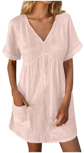 Oyuchga Robe en mousseline décontractée pour femme - Robe d'été vintage unie - Robe de plage décontractée - Col en V - Manches courtes - En lin - Longueur genou - Avec poches, a rose, XL