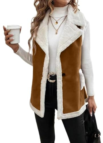 Mywinway Sherpa Vest Womens 2026 Fall Winter Sleeveless Faux Fur Suede Leather Vest Jacket Lambswool Fur Warm Coat,Brown,L