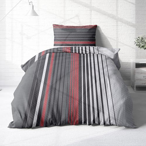 Bettwäsche aus Baumwolle 2tlg. 135x200 + 80x80 cm Streifen anthrazit rot | Renforcé Bettwäsche mit Reißverschluss, leicht, atmungsaktiv, bügelfrei, ideal für Frühling und Sommer, OEKO-Tex zertifiziert