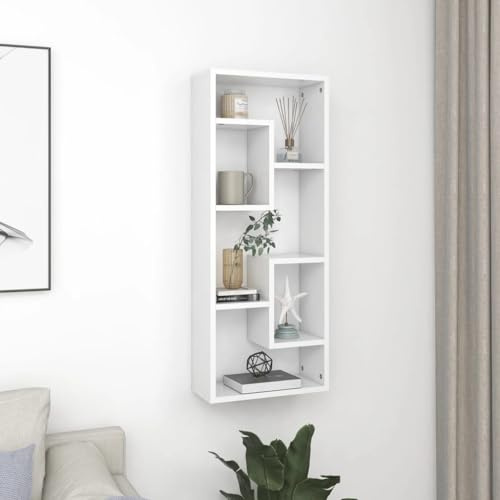 homiuse Schweberegal für Wohnzimmer Weiß 36x16x90 cm Holzwerkstoff Wandregale Arbeitszimmer Mit Offenen Fächern Regal zur Präsentation Hängeregal Platzieren von Bücher, Auszeichnungen