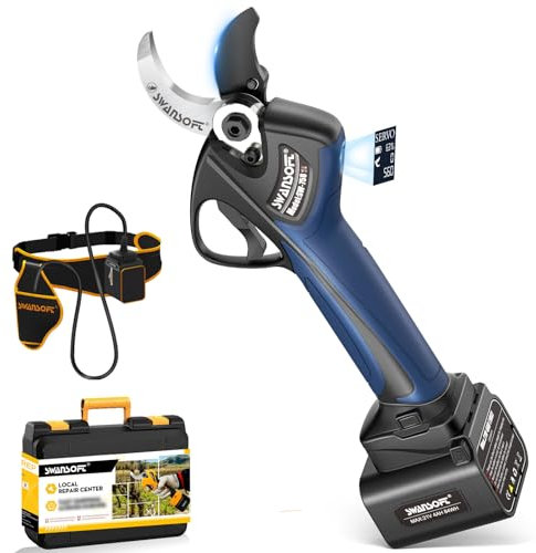 SWANSOFT Sécateur Électrique Sans Fil 40mm, 【Renforcé & Progressif+】21V Secateur Batterie Professionnel Contrôle de Jardin 1050W, avec Batteries 4000mAh x2, Écran LCD – pour Arbres(Bleu)