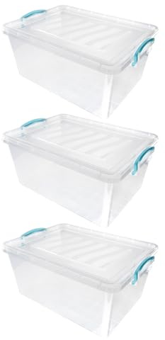 JVL Plastic Clip Lidded Storage Box, Stackable & Nestable, Clear, Set of 3, 25L