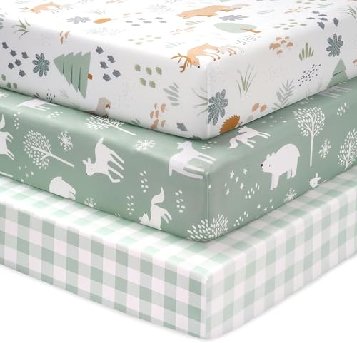 FIEMOL Drap Housse 70 x 140 cm, Lot de 3 Microfibre Ultra Douce et Lisse Élastique sur Tout Le Tour - pour Matelas de Lit Bébé et Lit Enfant, Ours des Bois Vert