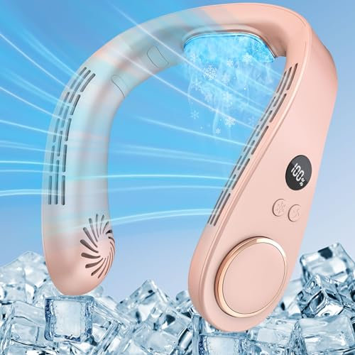 Kouric Ventilador Cuello Aire Acondicionado,Ventilador Portatil Cuello Pantalla LED,Neck Fan USB Rechargeable 5 Velocidades,Ventiladores Collar para Niño/Mujer/Hombre-Rosa