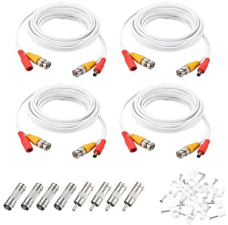 sourcing map BNC Video Power Cable,5m/16ft All-in-One Security Camera Wire Cord DC Extension Wire for CCTV Security DVR Camera System Installation Plug & Play Cord,4 Set White