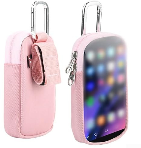 MP3/MP4 Reise transparente Hülle, MP3/MP4 tragbare Aufbewahrungstasche mit Karabiner, für Player Kopfhörer Handy Power, 15 x 10 x 1 cm (Rosa)