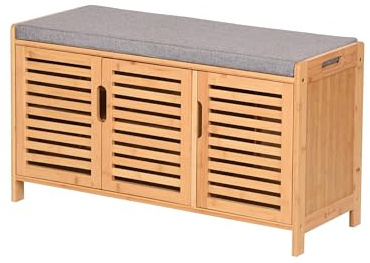 AD.CON Schuhschrank aus Bambus mit Sitzbank Schuhbank mit 3 Fächern Sitzkissen Schuhkommode Aufbewahrungsschrank für Flur Eingangsbereich 50x90x35cm (Grau)