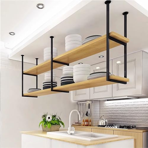 Drsyffsup Ceiling Hanging Floating Shelves Kitchens Storage Rack Pot Pan Holder Cookware Hanger Flower Stand for Bar Garage Restaurant, Easy to Install(Black,140x30x80cm)