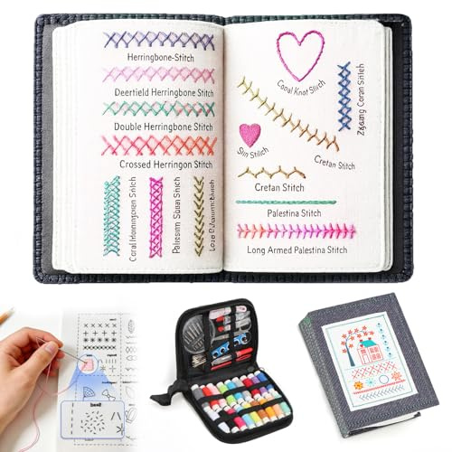 Embroidery Stitche Book, Stickstichbuch Set mit Nähkasten & Anleitung, Hochdichtes Leinen DIY-Stickbuch mit 143 Stich-Schrittanleitungen, Tragbares Embroidery-Paket für Anfänger und Bastelbegeisterte