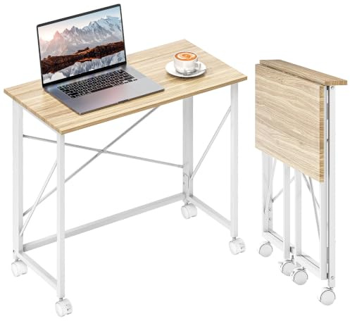 HOMCOM Schreibtisch Computertisch mit Rollen Klappbar 80x40x75 cm Natur | Faltbarer Bürotisch, Modernes Design, Stahlgestell, Platzsparender Klapptisch, Arbeitszimmer, Schlafzimmer