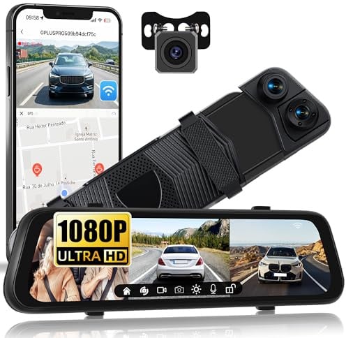 SIXWIN 1080P 3 Kanal Spiegel Dashcam Auto mit WiFi&APP 9.66 '' HD Touch Screen Dashcam,1080P+2 * 720P,mit Loop-Aufnahme,Nachtsicht,G-Sensor, Rückfahrassistent,150 ° Weitwinkel
