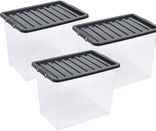 OptiProducts 80L Large Plastic Storage Box with Black Lid (Pack of 3) – Heavy Duty Stackable Container, Multipurpose Storage Bin for Home, Office, Garage & Clothes Organisation