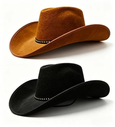 Cowboy Hat for Women and Men, Unisex Felt Western Cowboy Hat ,Wide Brim Panama Hat with Studded Band Hats Texas Texan Costume Accessories for Cowgirl Adults Wild West Fancy Dress Party-Pack of 2