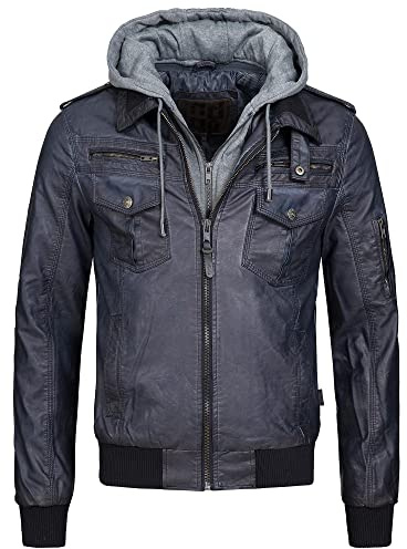 Indicode Herren Aaron Lederjacke mit abnehmbarer Kapuze Übergangsjacke | Lässige Herrenjacke für Alltag und Freizeit mit abnehmbarer Kapuze, Bikerjacke, Motorradjacke, Lederoptik, Blouson für Männer