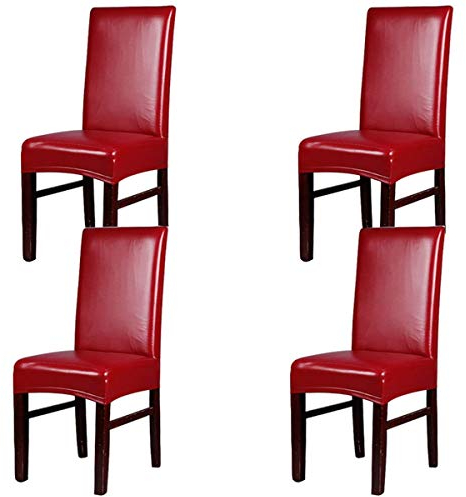 KELUINA Elastic Spandex Solide Pu Leder Stuhlhussen, wasserdicht und ölbeständig Stretch Dining Chair Protector Cover Schonbezug für Kitchen Bar Hotel und Hochzeitszeremonie (Weinrot,4 pcs)