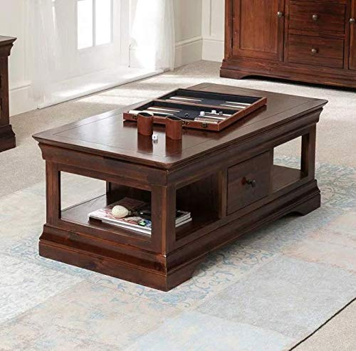 The Furniture Market French Hardwood Mahogany Stained 1 Drawer Coffee Table – Solid Acacia Wood, Dovetail Joints, Convenient Dual-Sided Drawer, Timeless French Design - H 455mm x W 1150mm x D 600mm