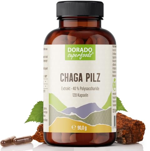 Chaga Pilz Kapseln Hochdosiert – 650 mg 40:1 Extrakt pro Kapsel | Entspricht 26.000 mg Rohpilz | 40% Polysaccharide | 120 Vegane HPMC-Kapseln | 120 Tage Vorrat | Dorado Superfoods®