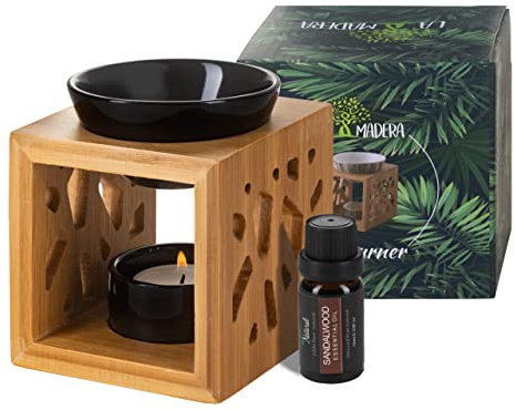 La Madera Bamboo Wooden Oil Burner Wax Melt Burner Oil Diffuser with Ceramic Candle Holder and 10 ml Bottle of 100% Pure Sandalwood Oil (Black)